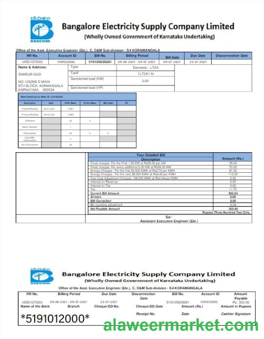INDIA BESCOM utility bill Word and PDF template